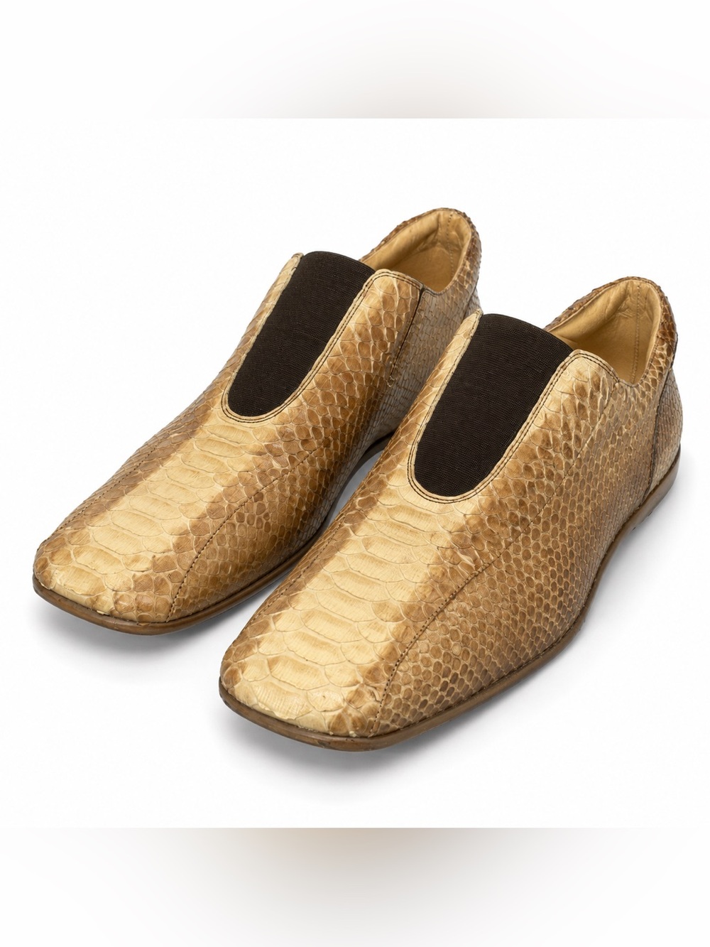 Gold Python-Texture Slip-On Loafers with Black Elastic Vamp